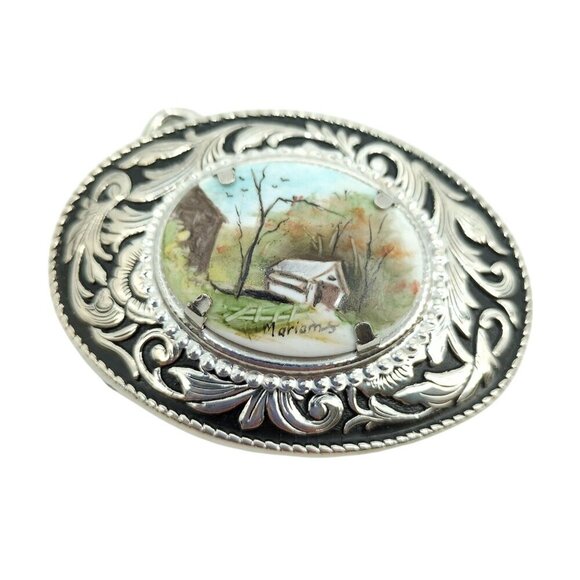Vintage Accessories - Western Style VTG Belt Buckle Bridge Southern Black Silver Tone Signed Mariams
